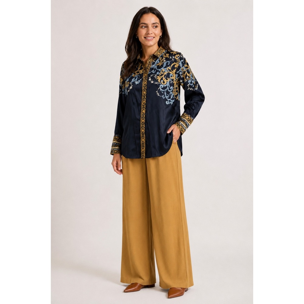Chico's 3.5 US 18 Navy Gold Baroque Scroll Print Button Front Tunic Blouse